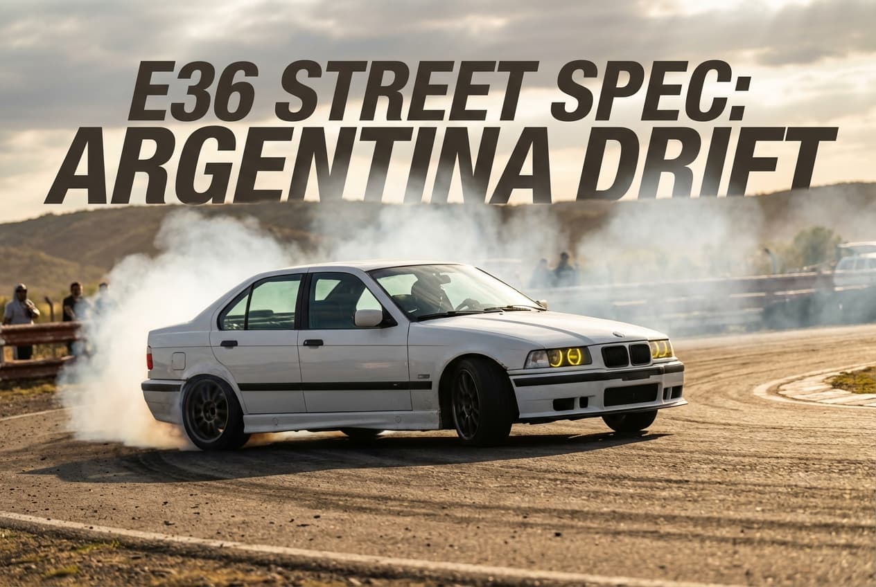 Vista lateral del BMW E36 drift en circuito de Buenos Aires